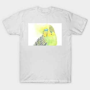 Watercolor green and yellow budgies - parakeet painting portrait with back wash T-Shirt